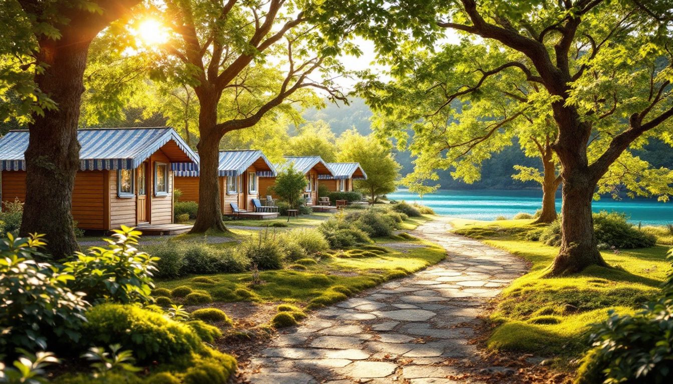 Camping paisible en Ile-de-France avec des tentes, des arbres verdoyants et une ambiance tranquille.