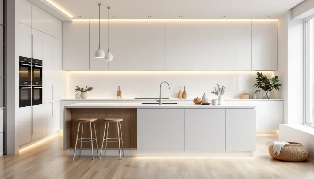 Cuisine scandinave moderne avec des meubles en bois clair et des éléments épurés.