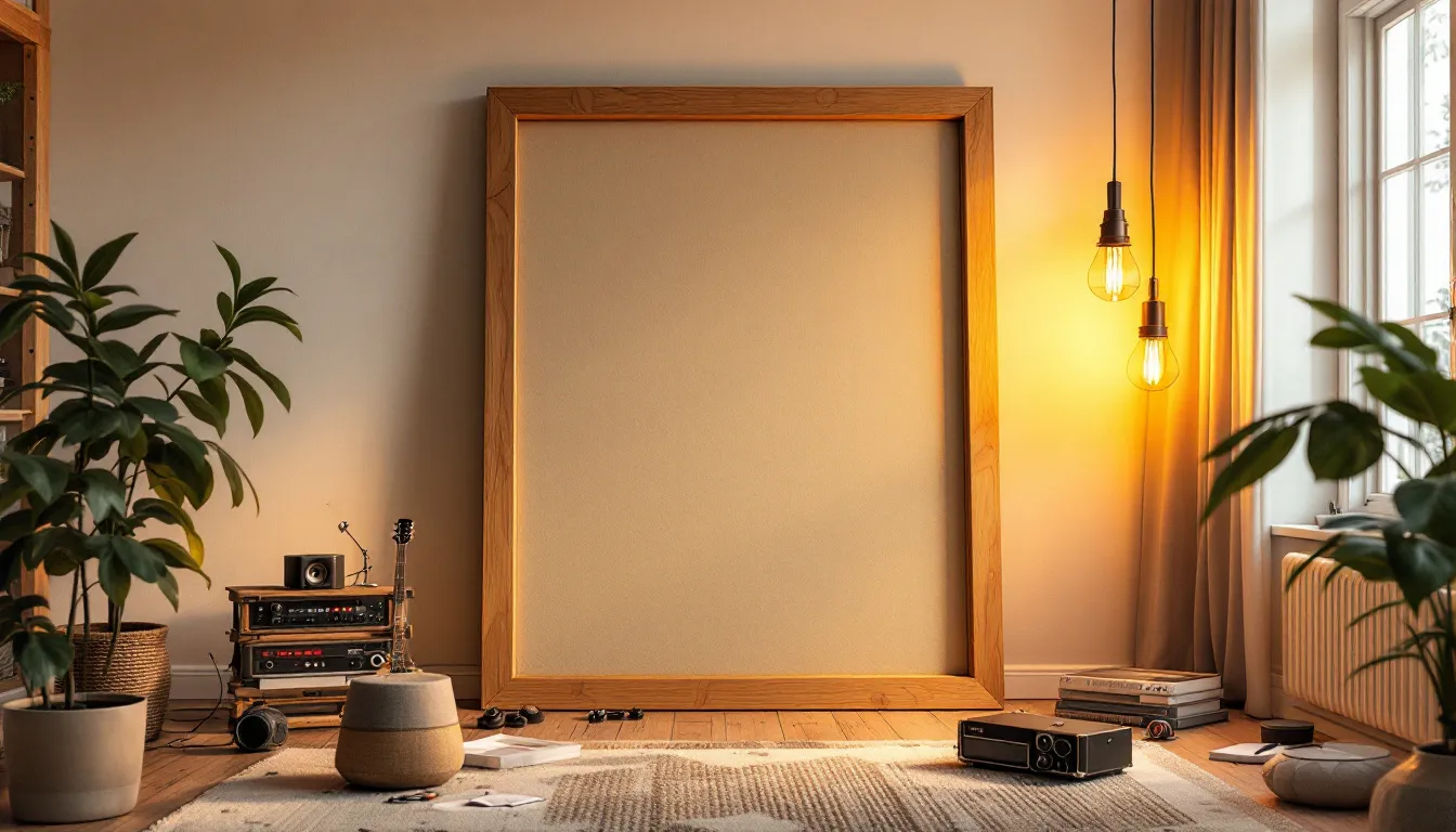 Panneau acoustique artisanal en matériaux variés, conçu pour atténuer le bruit dans un espace intérieur.