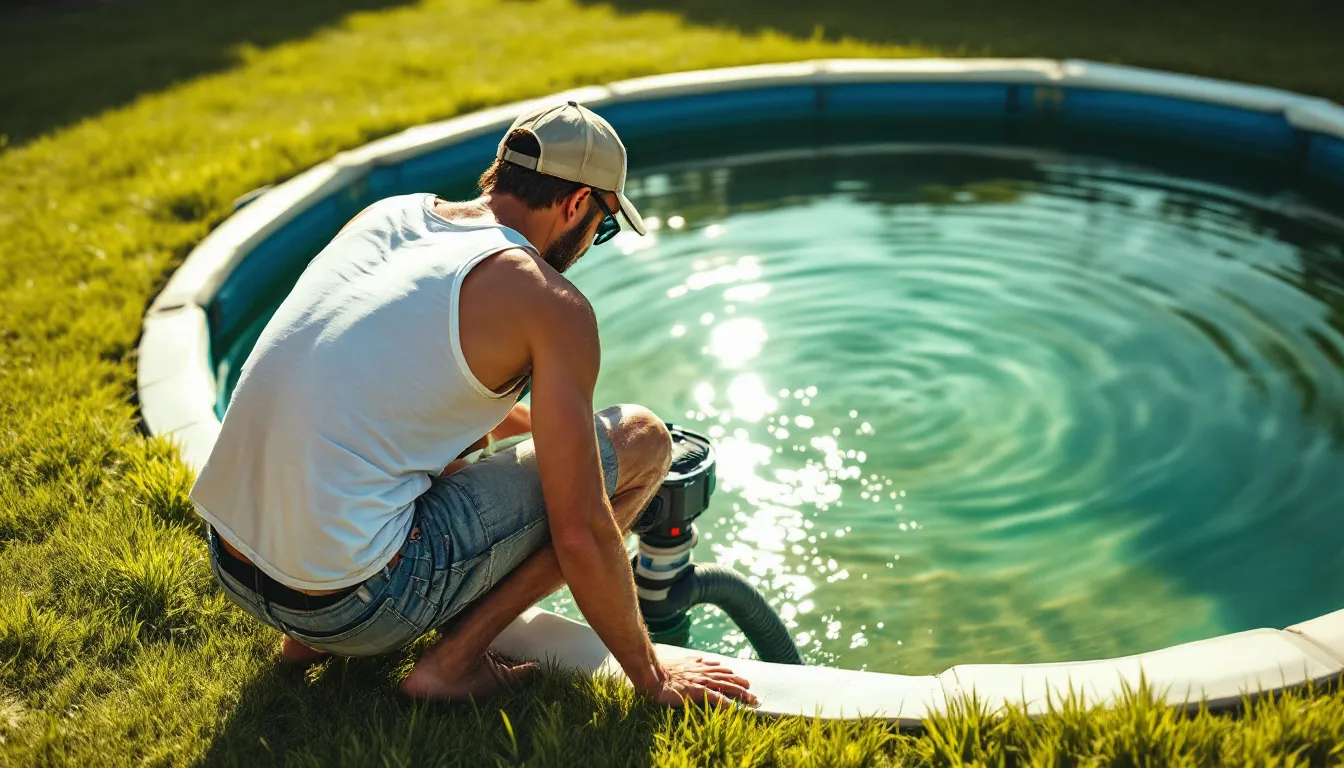 Vidange méthodique d'une piscine, avec des tuyaux et un niveau d'eau en baisse.