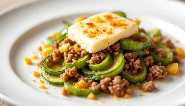 Un plat garni de courgettes, de viande savoureuse et de fromage fondant.