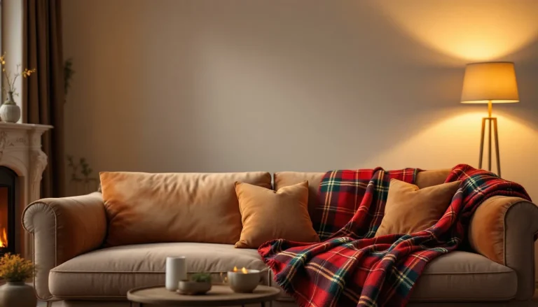 Un salon chaleureux et accueillant, décoré de coussins douillets et d'une lumière tamisée.