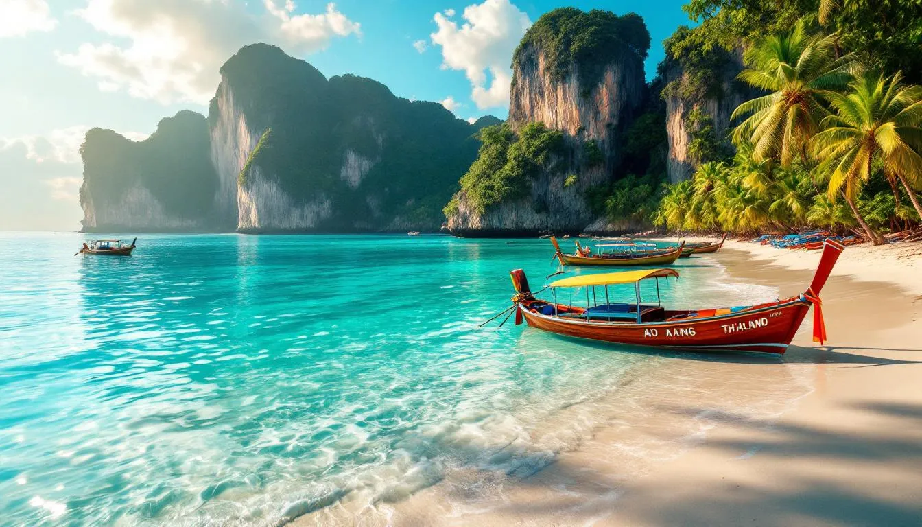 Plage tranquille d'Ao Nang avec du sable doré, des eaux cristallines et des montagnes verdoyantes en arrière-plan.