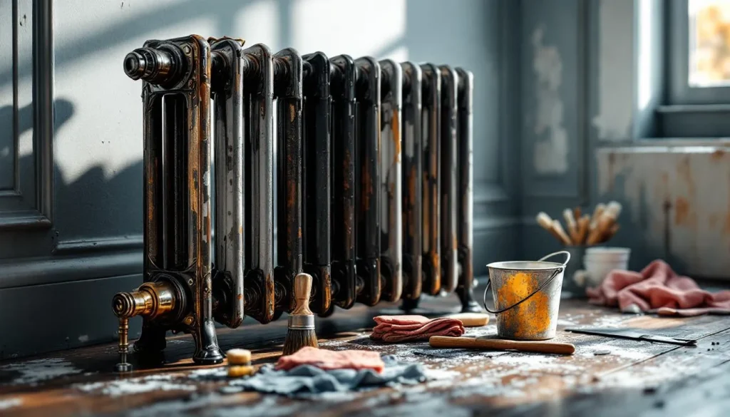 Un radiateur ancien en cours de rénovation, montrant des outils et des matériaux de travail à proximité.