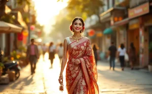 Une femme habillée avec grâce se tient dehors au crépuscule.