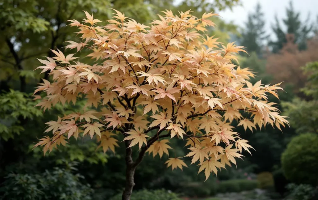 Feuilles d’érable katsura présentant des zones brûlées.