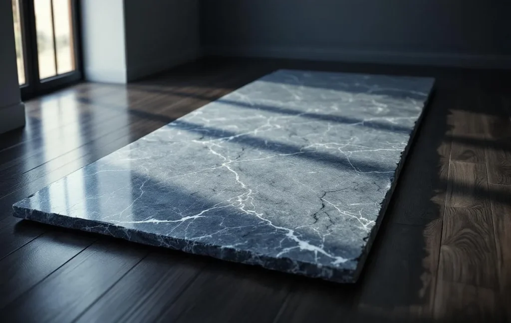 Lumière mettant en valeur une pierre bleue belge posée sur une surface neutre.