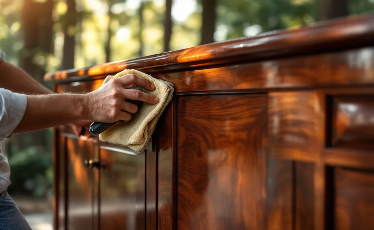 Une personne nettoie un meuble en bois de cerisier brillant à l’extérieur, à la lumière du soleil filtrée par des feuilles.