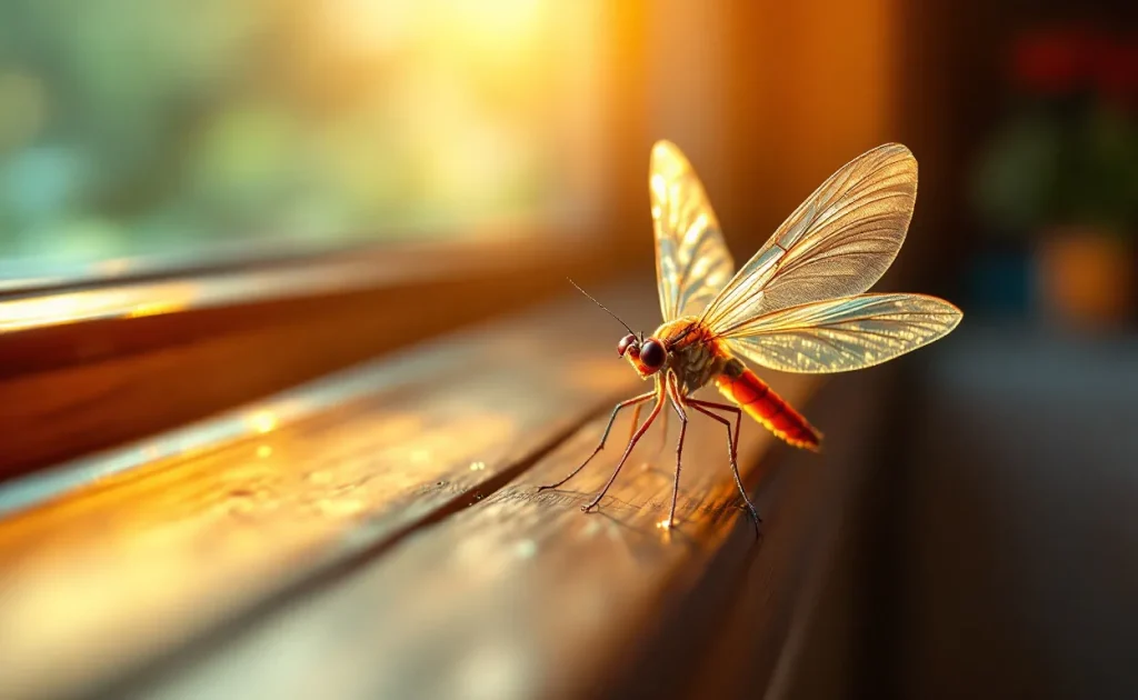 Un éphémère aux ailes translucides posé sur un rebord de fenêtre baigné de lumière dorée dans une maison chaleureuse.