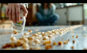Des asticots blancs rampent sur un sol de cuisine près de miettes, avec une main inquiète tenant un spray de nettoyage en arrière-plan.