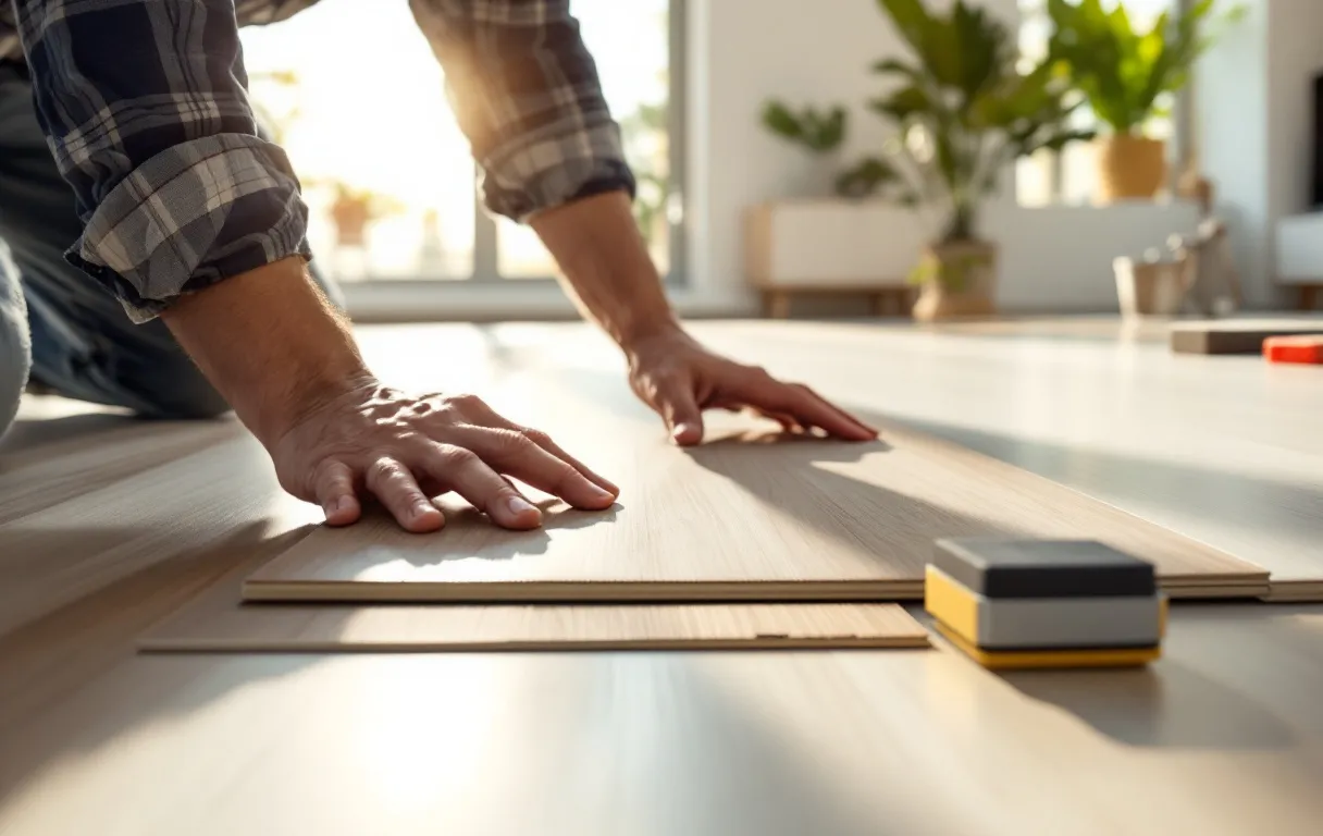 Des mains placent avec soin des panneaux de sol stratifié dans un salon moderne et lumineux, avec des outils nets et la lumière du jour entrant par de grandes fenêtres.