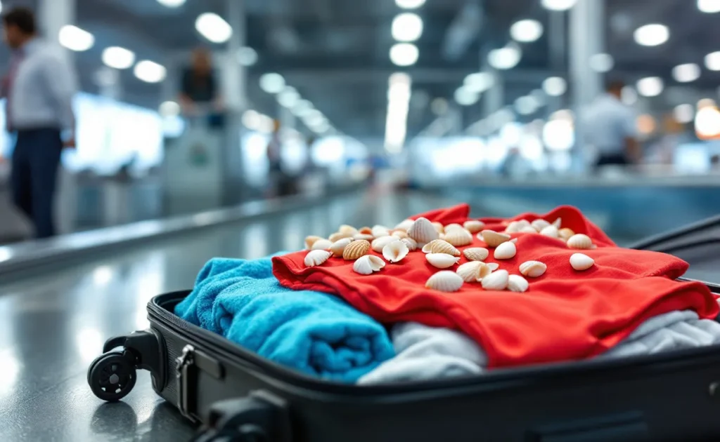 Une valise ouverte sur un comptoir de contrôle d’aéroport dévoile des coquillages multicolores posés sur des vêtements de plage pliés.