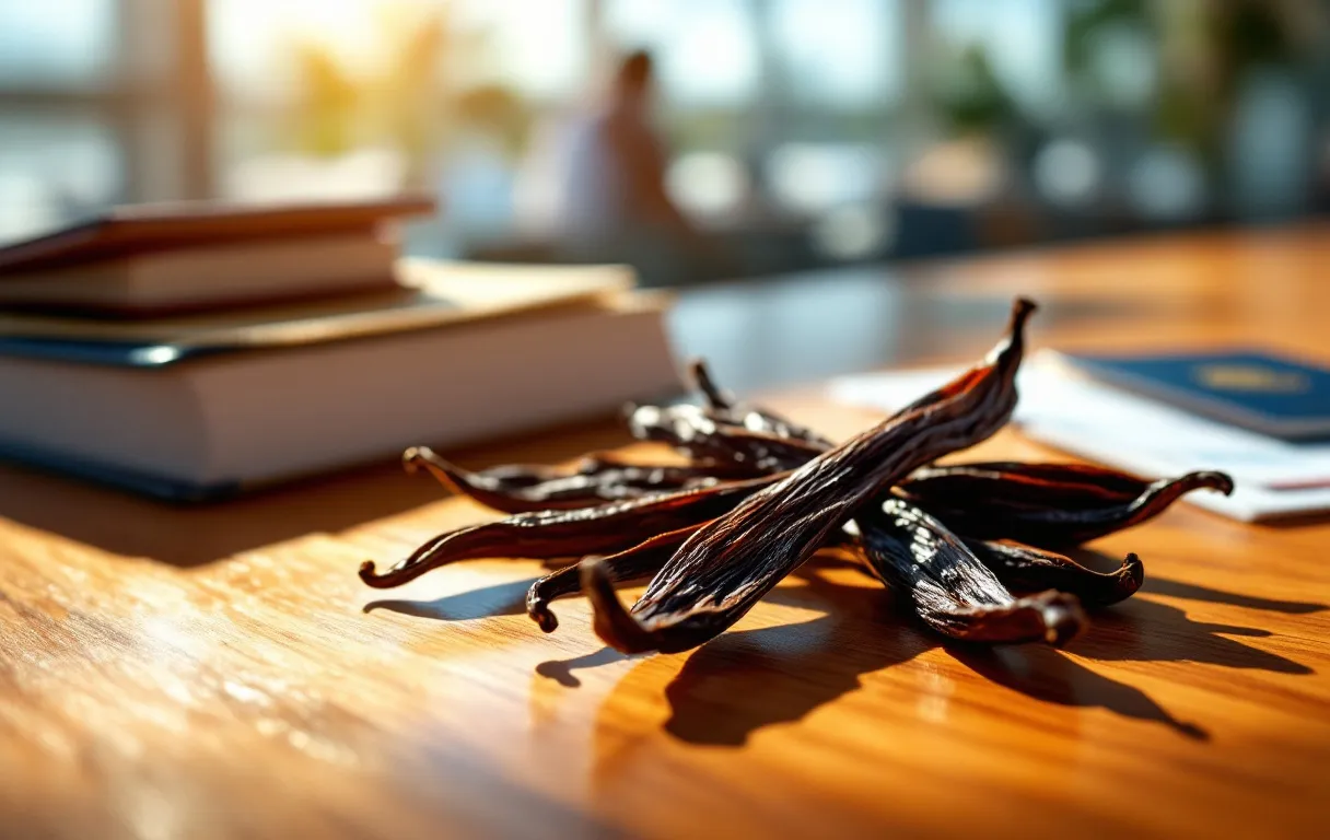 Des gousses de vanille de Guadeloupe reposent sur un comptoir de douane d’aéroport avec des papiers de voyage en arrière-plan sous une lumière chaude.