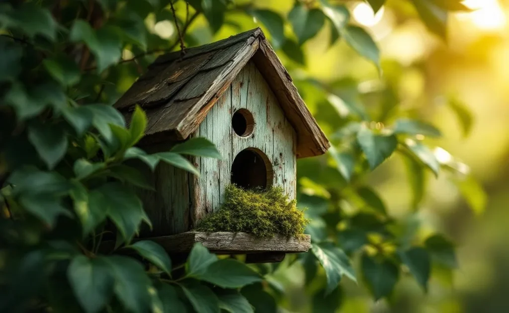 Un petit nichoir usé repose parmi les branches feuillues, montrant à son entrée des restes de nid moussu sous une lumière matinale tamisée.