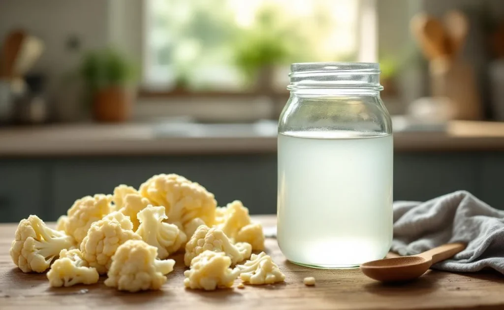 Un bocal en verre rempli d’eau de cuisson de chou-fleur posé à côté de fleurettes de chou-fleur vapeur et d’une cuillère en bois sur un plan de travail rustique baigné de lumière naturelle.