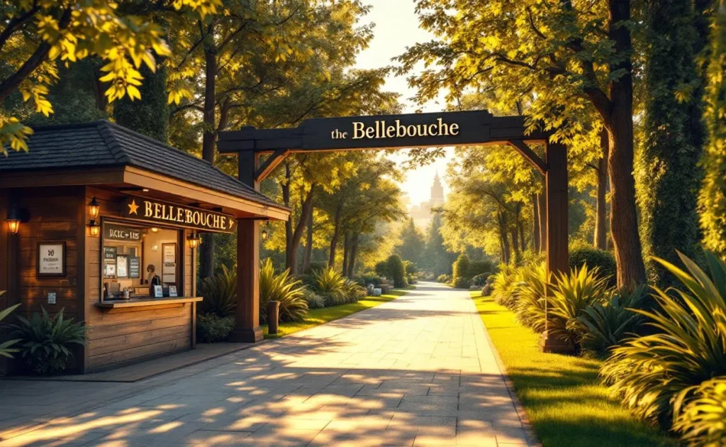 Entrée du site Bellebouche avec une guérite affichant les tarifs et un sentier bordé d’arbres sous une lumière dorée.