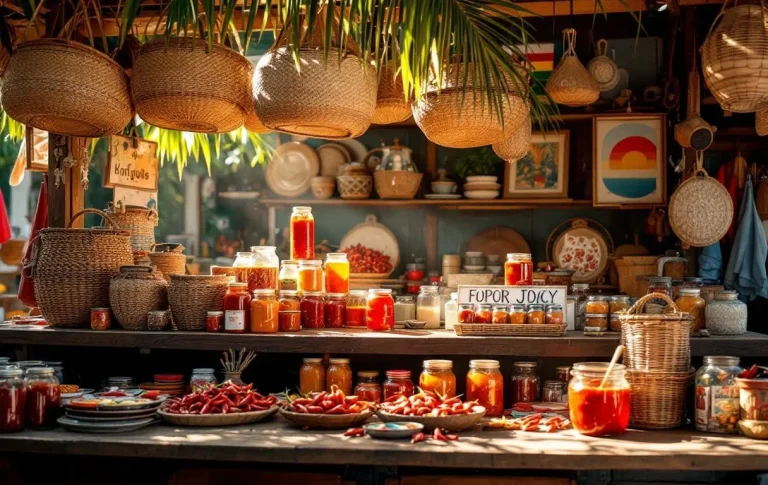 Un étal de marché à Rodrigues présente des souvenirs locaux comme des paniers tressés, des pots de pâte de piment et des objets artisanaux sous une lumière filtrée par les palmiers.