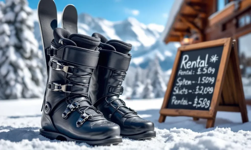 Une paire de chaussures de ski et de skis repose dans la neige devant un magasin de location animé, avec un tableau de tarifs et des montagnes en arrière-plan.