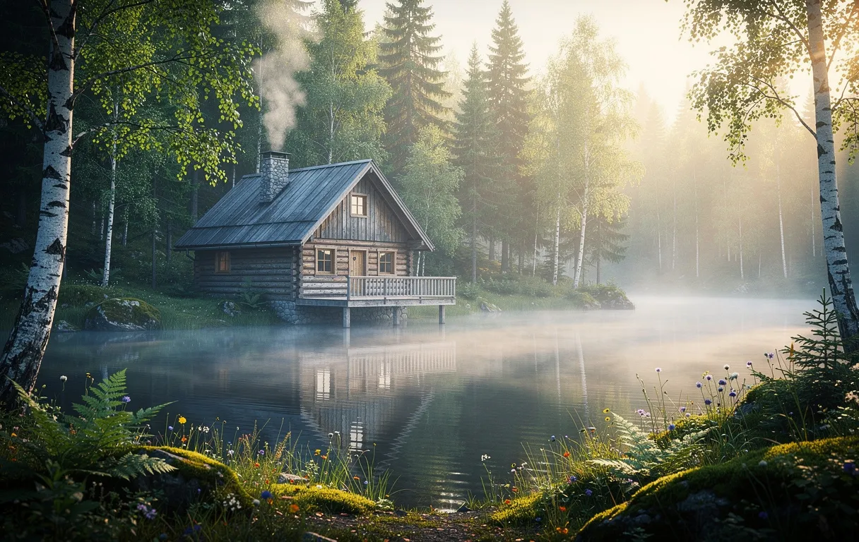 Un chalet en bois isolé se trouve au bord d’un lac entouré de forêt verdoyante, avec de la brume matinale et une lumière douce filtrant entre les arbres.