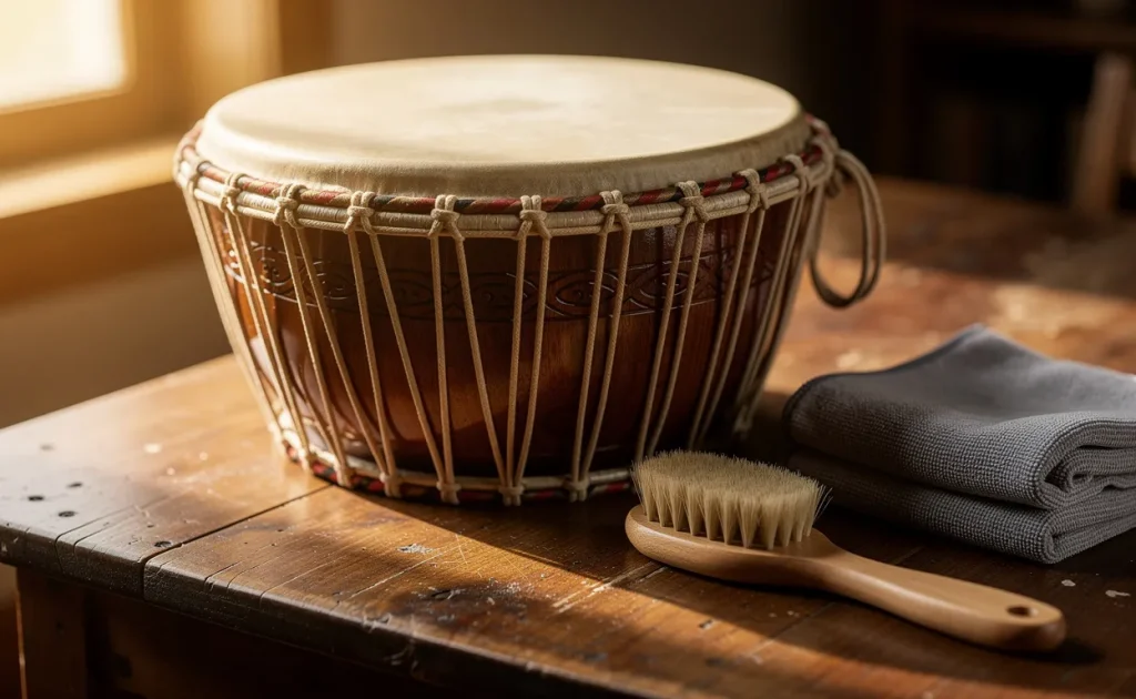 Un djembé propre repose sur une surface en bois, accompagné d’un chiffon doux et d’une brosse, sous la lumière du soleil entrant par la fenêtre.
