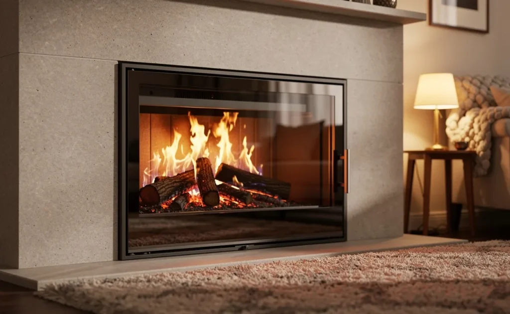Un insert de poêle à bois propre laisse voir des flammes vives derrière une vitre nette, entouré d’un salon chaleureux à l’éclairage doux.