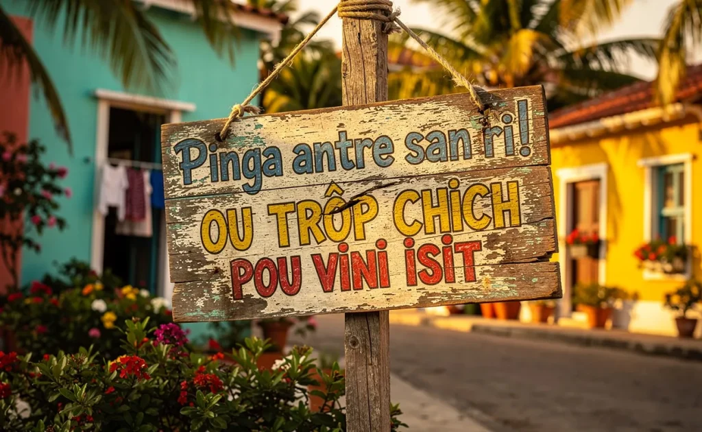 Un panneau en bois vieilli affiche des expressions créoles et des insultes amusantes devant une rue caribéenne lumineuse bordée de maisons colorées et de verdure.