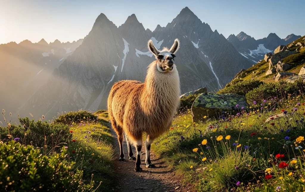 Un lama amical se tient sur un sentier de montagne verdoyant dans les Pyrénées, entouré de pics rocheux et de fleurs sauvages sous une lumière matinale douce.