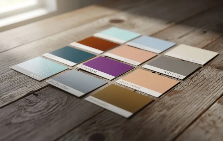 Des échantillons de peinture aux nuances d’aqua, d’ambre et d’améthyste, chacun étiqueté d’un nom commençant par A, sont disposés artistiquement sur une table en bois texturée sous une lumière naturelle douce.