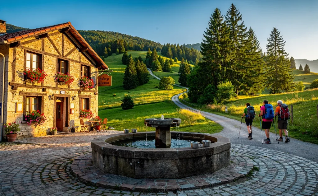 Un village paisible de Lanarce avec une auberge rustique, une fontaine en pierre et des randonneurs partant sur un sentier, entourés de collines verdoyantes et de pins sous un ciel bleu en lumière dorée.