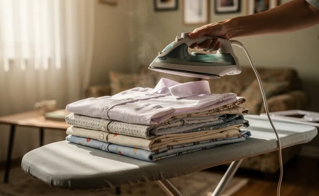 Une pile de chemises et de robes soigneusement repassées repose sur une table à repasser dans un salon modeste, tandis qu’une main tient un fer au-dessus du linge avec la lumière du jour filtrant à travers des rideaux.