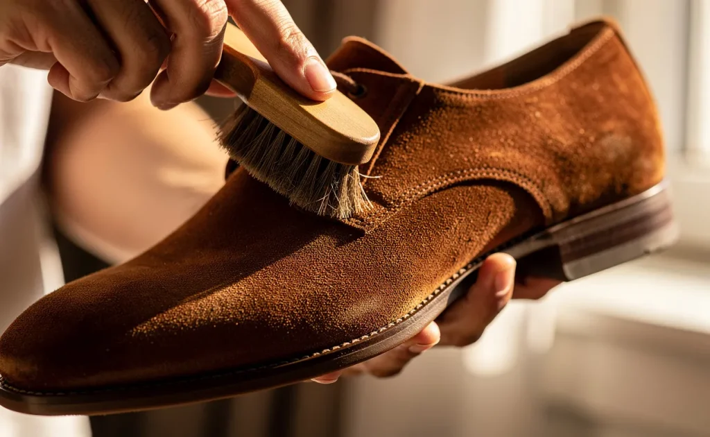 Un soulier en daim est délicatement tenu en main tandis qu'une brosse douce ravive sa couleur sous une lumière naturelle.