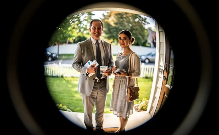 Un propriétaire regarde par le judas de sa porte deux Témoins de Jéhovah avec des brochures sur le perron ensoleillé d’une maison de banlieue.