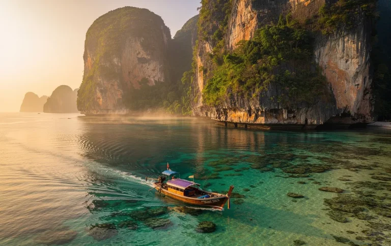 Vue aérienne d’une pirogue thaïlandaise naviguant au lever du soleil entre les eaux turquoise de Koh Phi Phi Don et les falaises calcaires de Maya Bay.