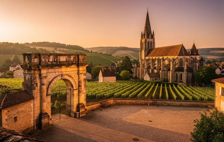 Porte romaine et cathédrale médiévale d’Autun entourées de collines verdoyantes sous une lumière dorée du soir.