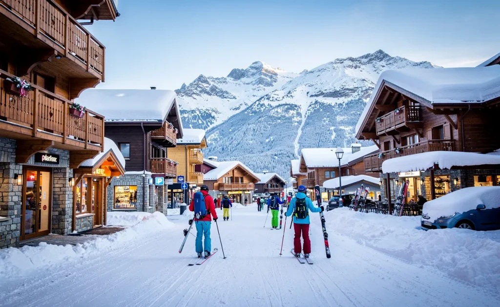 Vue de l’avenue des Jeux-Olympiques aux Saisies avec des bâtiments enneigés, des skieurs et des montagnes à l’horizon sous un ciel d’hiver clair.