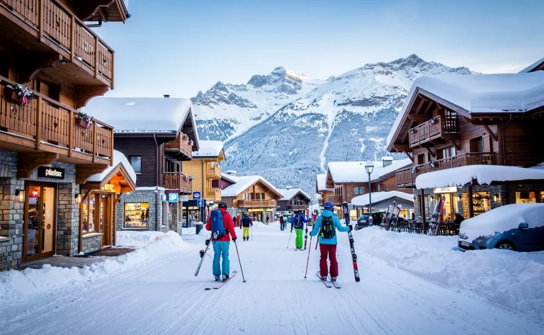 Vue de l’avenue des Jeux-Olympiques aux Saisies avec des bâtiments enneigés, des skieurs et des montagnes à l’horizon sous un ciel d’hiver clair.