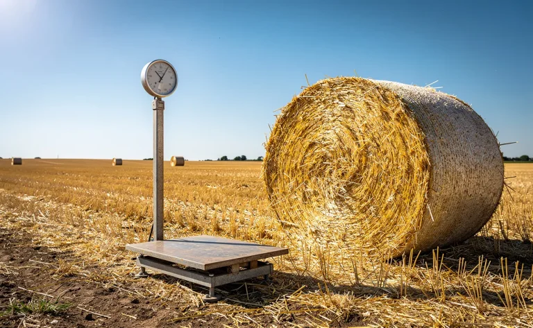 Une grosse botte de foin repose dans un champ doré sous un ciel bleu, avec une balance robuste posée à côté.