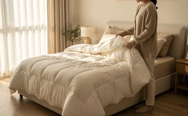 Une personne pèse délicatement une couette duveteuse près d’un lit soigneusement fait, baignée d’une douce lumière matinale filtrée par des rideaux translucides.