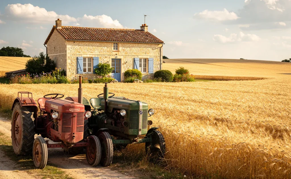 Ferme de campagne française avec champs de blé, tracteurs anciens et maison en pierre sous un ciel d’été lumineux.