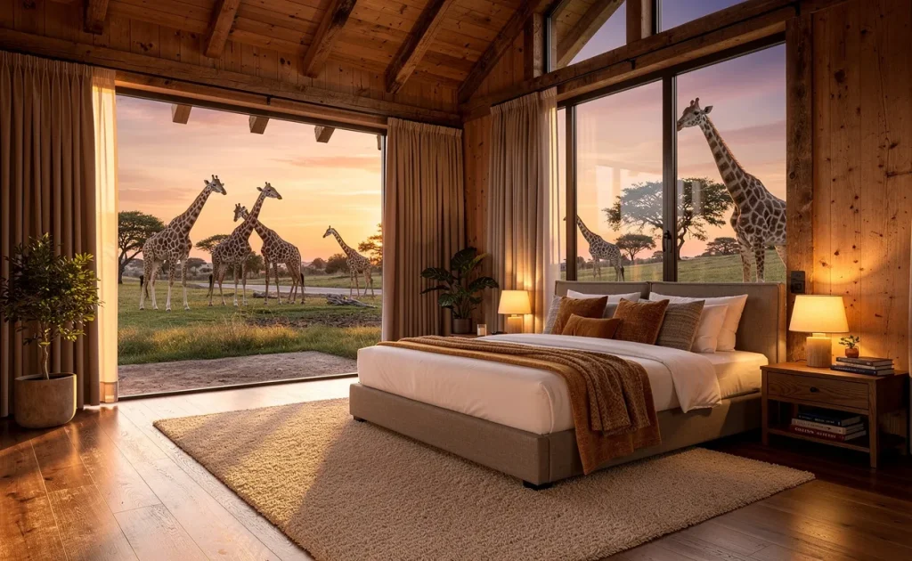 Un lodge en bois avec de grandes fenêtres offre une vue sur des girafes dans un habitat herbeux au coucher du soleil.