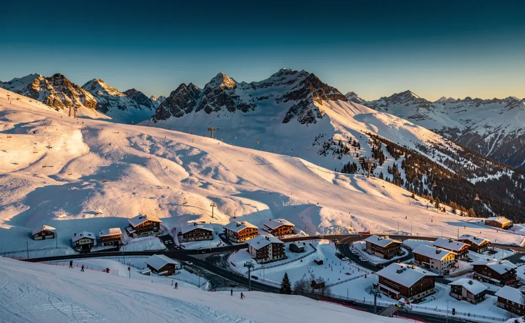 Vue panoramique de La Foux d'Allos avec des pentes enneigées, des sommets alpins et le village éclairé par une lumière dorée sous un ciel dégagé.