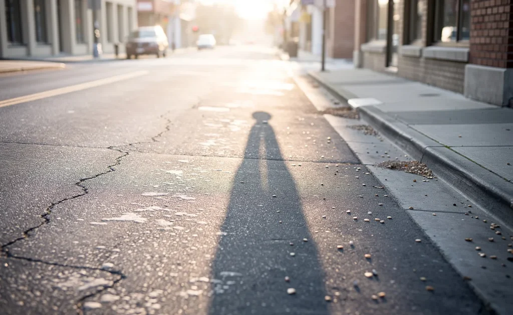 Une ombre s’étire sur une rue vide baignée de soleil, mêlant discrètement lumière et obscurité.