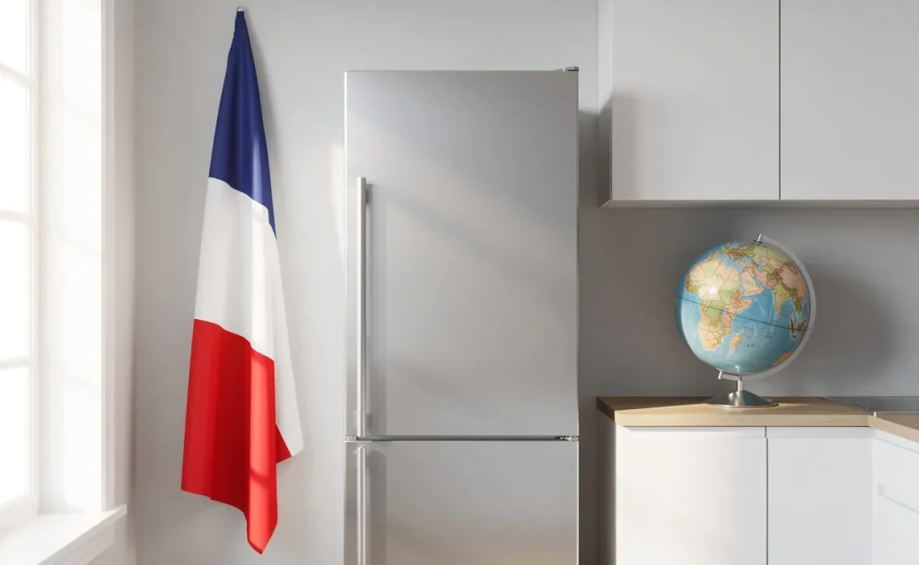 Un réfrigérateur argenté moderne se trouve dans une cuisine minimaliste entre un drapeau tricolore français et un globe terrestre, éclairé par la lumière du soleil.