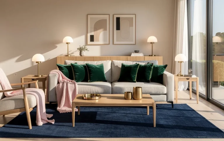 Salon élégant avec coussins en velours vert canard, touches dorées, jetés rose pâle, meubles en bois clair, tapis bleu marine et lampes en laiton sous une lumière naturelle.