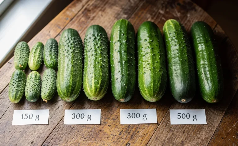 Un assortiment de variétés de concombres posé sur une table en bois, chaque spécimen portant une étiquette indiquant son poids moyen, sous une lumière naturelle.