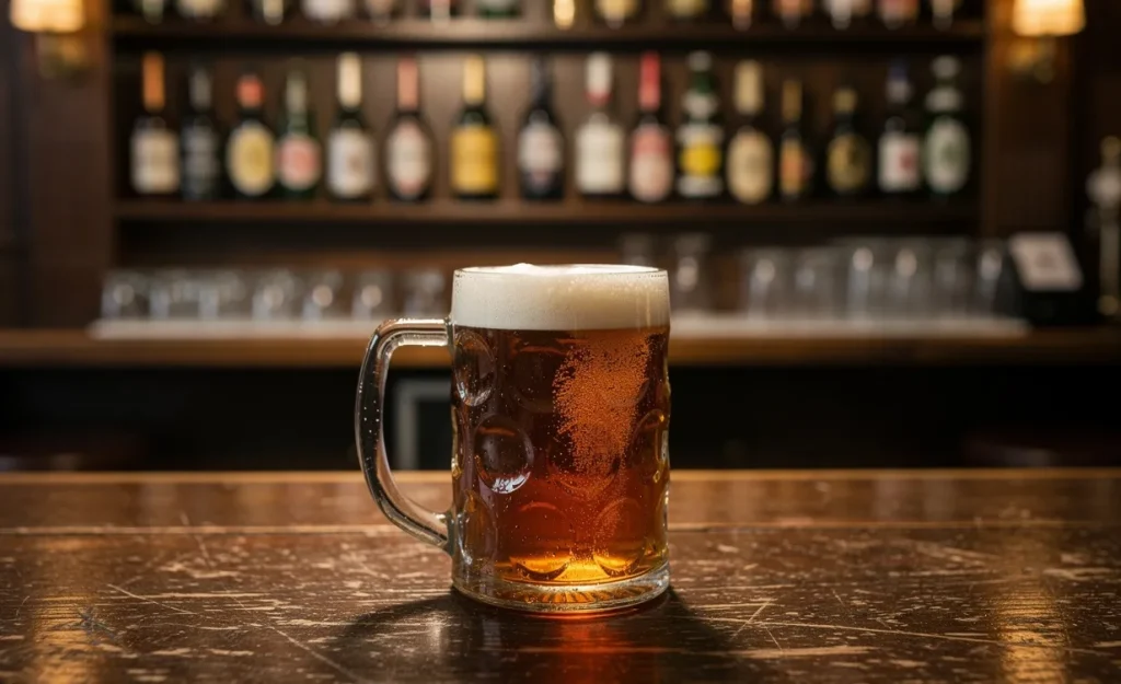 Un demi de bière anglaise attend sur un comptoir en bois usé, baigné de lumière ambrée avec en arrière-plan des étagères floues de bouteilles.