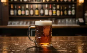 Un demi de bière anglaise attend sur un comptoir en bois usé, baigné de lumière ambrée avec en arrière-plan des étagères floues de bouteilles.
