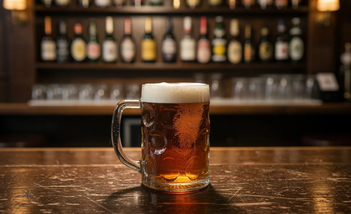 Un demi de bière anglaise attend sur un comptoir en bois usé, baigné de lumière ambrée avec en arrière-plan des étagères floues de bouteilles.