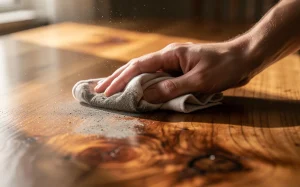 Une main essuie délicatement la saleté d’une table en bois, révélant le veinage sous une lumière matinale douce.