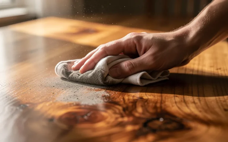 Une main essuie délicatement la saleté d’une table en bois, révélant le veinage sous une lumière matinale douce.